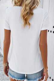 Casual Solid Color Short Sleeved V Neck Hollow T-Shirt