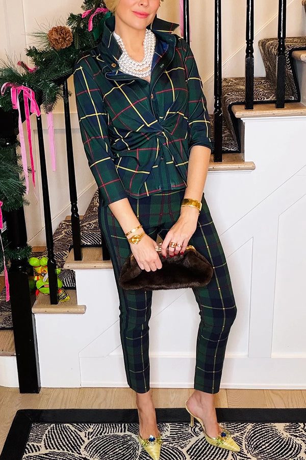 Embrace The Festival Plaid Twist Half Sleeve Shirt and Elastic Waist Pencil Pants Set