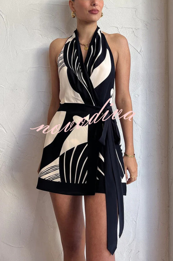 Unique Printed Open Back Waist Tie Holiday Mini Dress