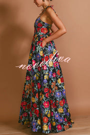 Garden Wedding Floral Print Back Tie-up Pocketed Slit Maxi Dress