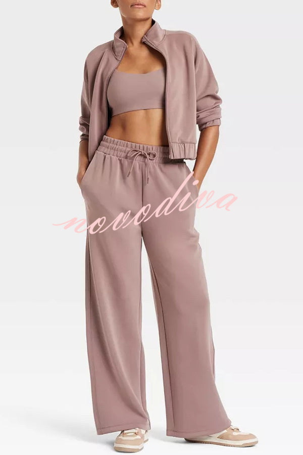 Airy Sleek Full Zip Jacket and High Rise Elastic Waist Pocket Wide Leg Sweatpants Set