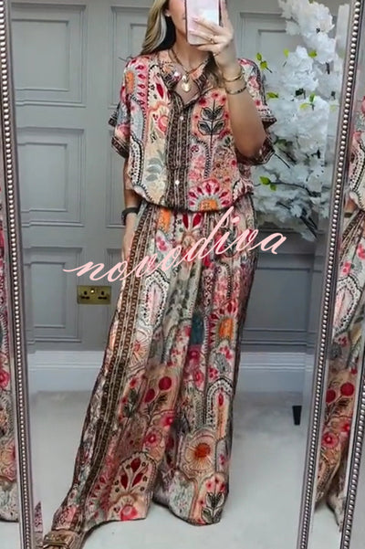 Unique Printed Loose Short-sleeved Top and Elastic Waist Casual Wide-leg Pants Set