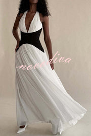 Fashionable Color Matching Sexy Halter Neck Waist Maxi Dress