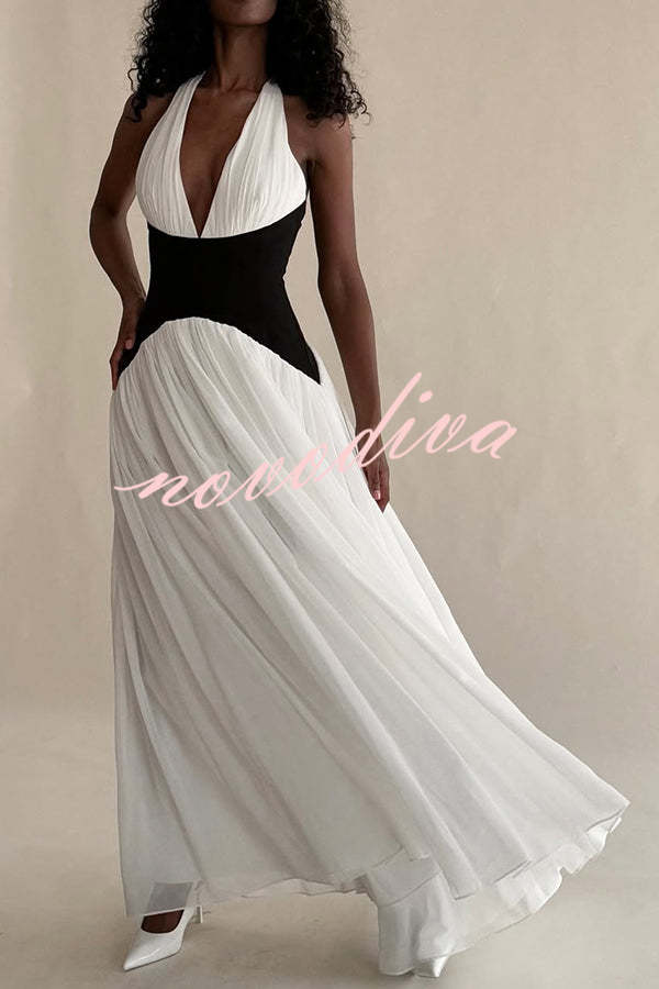 Fashionable Color Matching Sexy Halter Neck Waist Maxi Dress