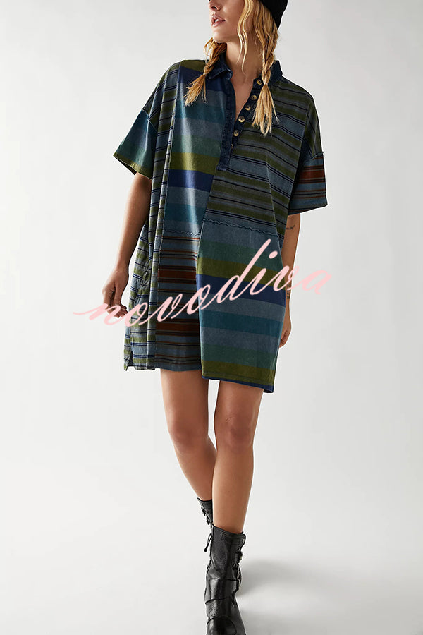 Contrast Striped Patchwork Denim Lapel Loose Casual Mini Dress