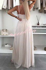 Solid Color Tulle Halter Back High Slit Maxi Dress