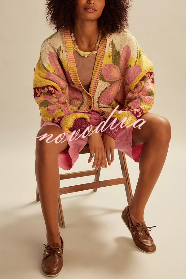 Floral Pattern Loose Long-sleeved Knitted Cardigan
