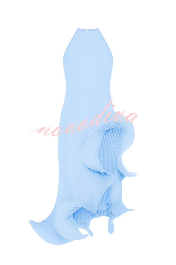 Solid Color Sleeveless Waist Tie Irregular Ruffle Slim Midi Dress