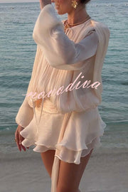 Ninah Glitter Fabric Pleated Balloon Sleeve Tiered Ruffle Hem Mini Dress