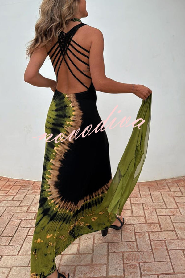 Summer Adventures Tie-dye Print Back Lace-up Stretch Maxi Dress