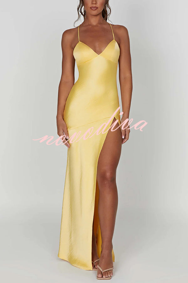 Satin Solid Color Sexy Backless Lace Up High Slit Maxi Dress