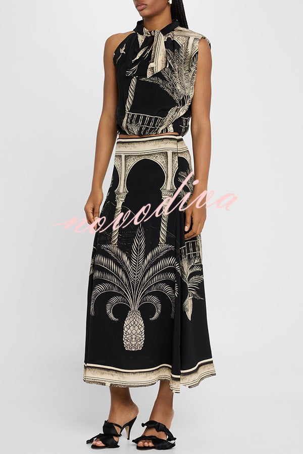 Satin Botanical Print Sleeveless Lounge Top and Midi Skirt Set