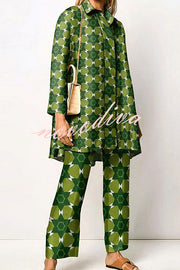 Geometric Print Lapel Long Sleeved Top and Pants Two Piece Set