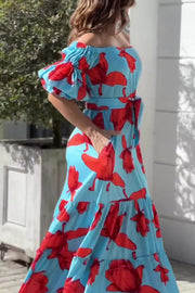 Floral Print Waist Belted Slim Fit Off The Shoulder Maxi Dress