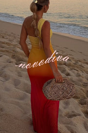 Dreamy Sunset Mesh Ombre Print One Shoulder Cutout Stretch Maxi Dress