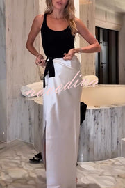 Black and White Classic Satin High Neck Crop Top and Wrap Tie-up Slit Maxi Skirt Set