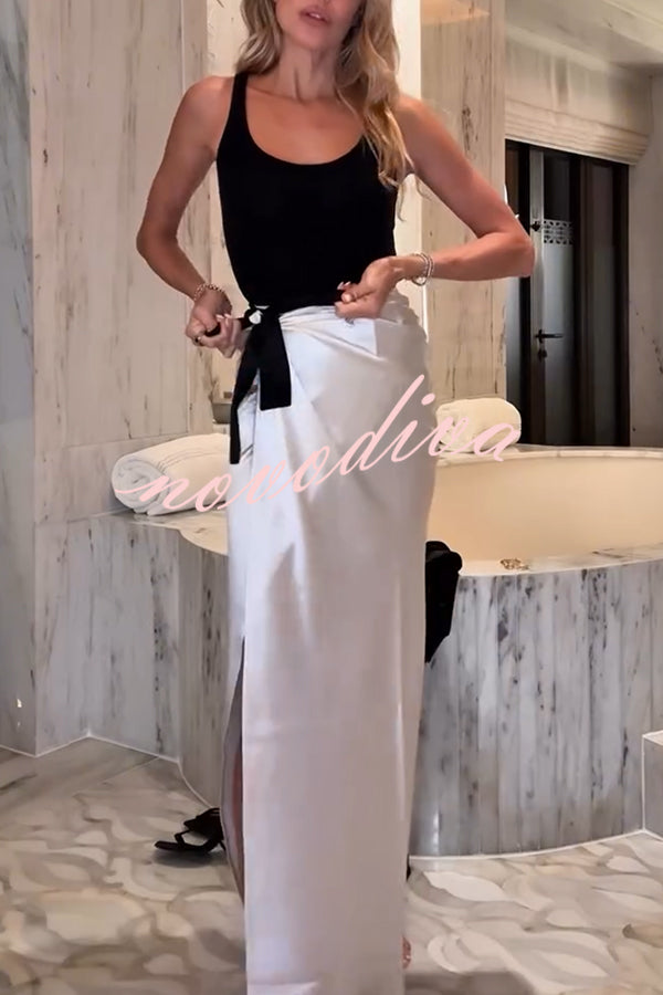 Black and White Classic Satin High Neck Crop Top and Wrap Tie-up Slit Maxi Skirt Set