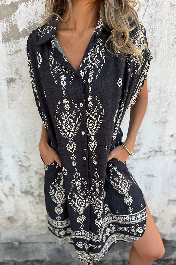 Linen Blend Unique Print Lapel Casual Pocket Mini Dress