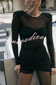 Sexy Mesh See-through Long-sleeved Backless Pleated Rompers