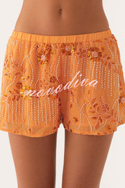 Dazzling Sequin Beaded Material Low Rise Elastic Waist Loose Shorts