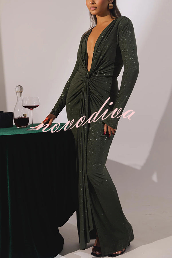 Solid Color Shiny Sexy V-neck Long Sleeve Ribbon Slit Slim Fit Maxi Dress