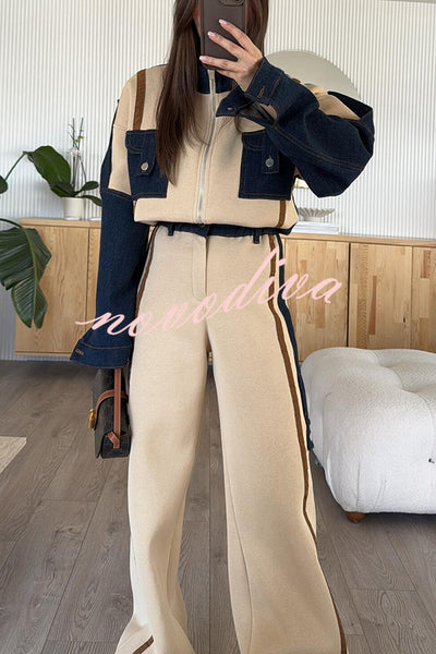 Chill Whispers Denim Patchwork Sweatshirt Fabric Striped Elastic Waist Pocket Loose Pants