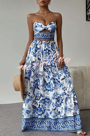 Floral Print Cutout Bandeau Top and Elastic Waist Full Maxi Skirt Set