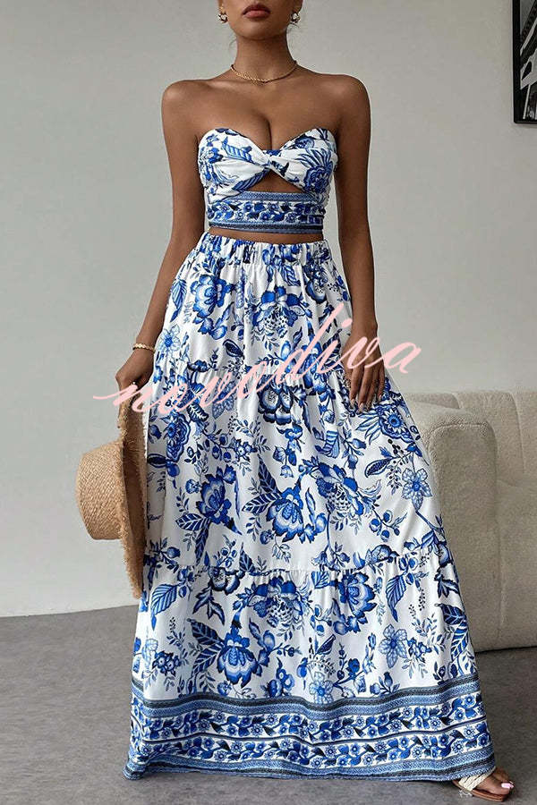 Floral Print Cutout Bandeau Top and Elastic Waist Full Maxi Skirt Set