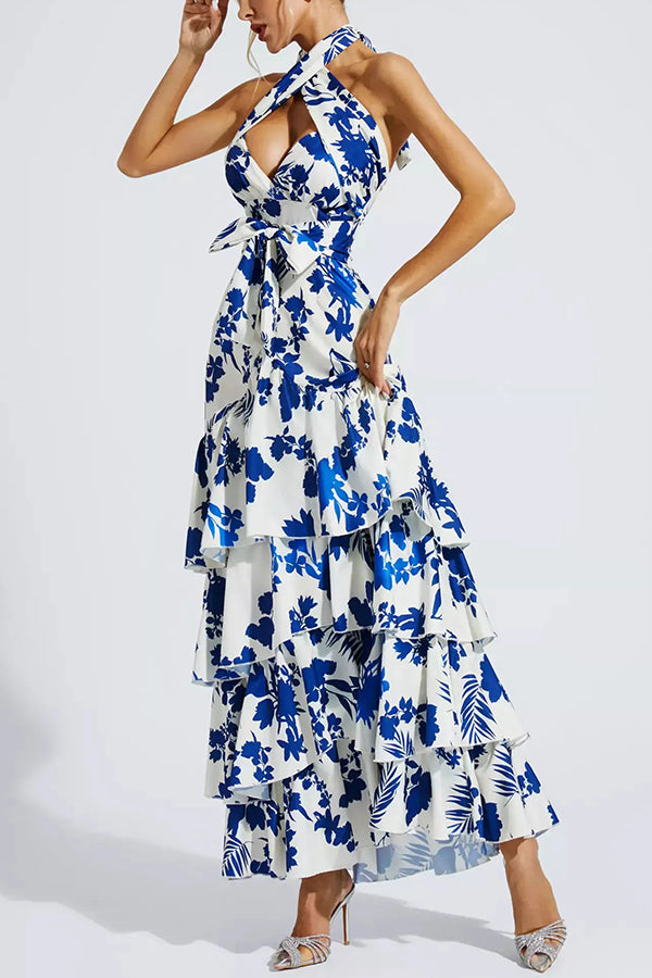 Gorgeous Styling Botanical Print Halter Neck Open Back Tiered Hem Maxi Dress