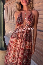 Boho Unique Printed Ring Halter Neck Open Back Slit Maxi Dress