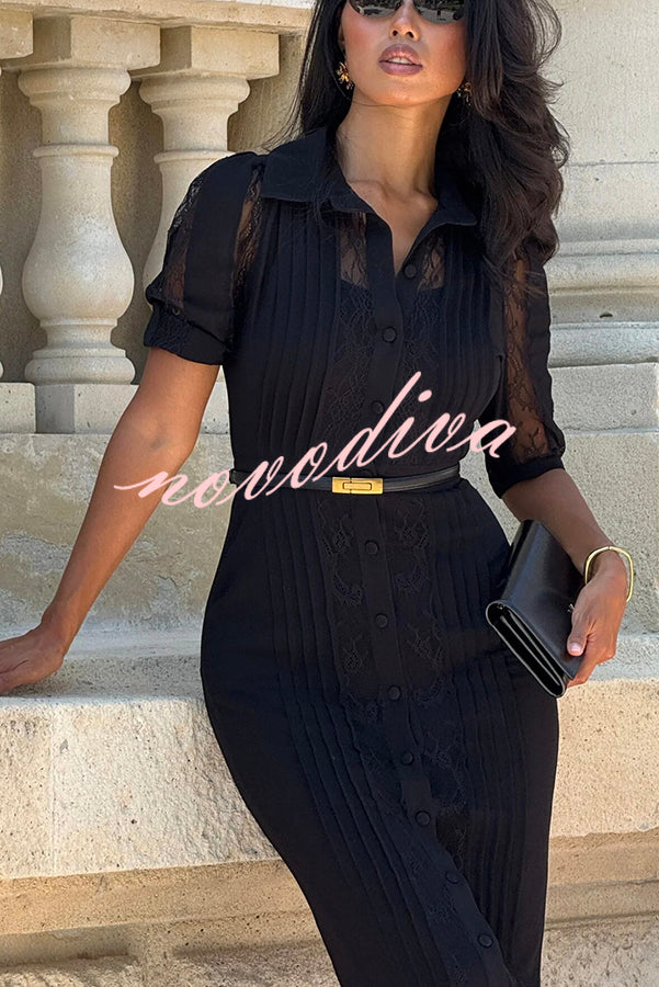 Lysette Lace Trim Pleated Button Up Short Sleeve Shirt Midi Dress