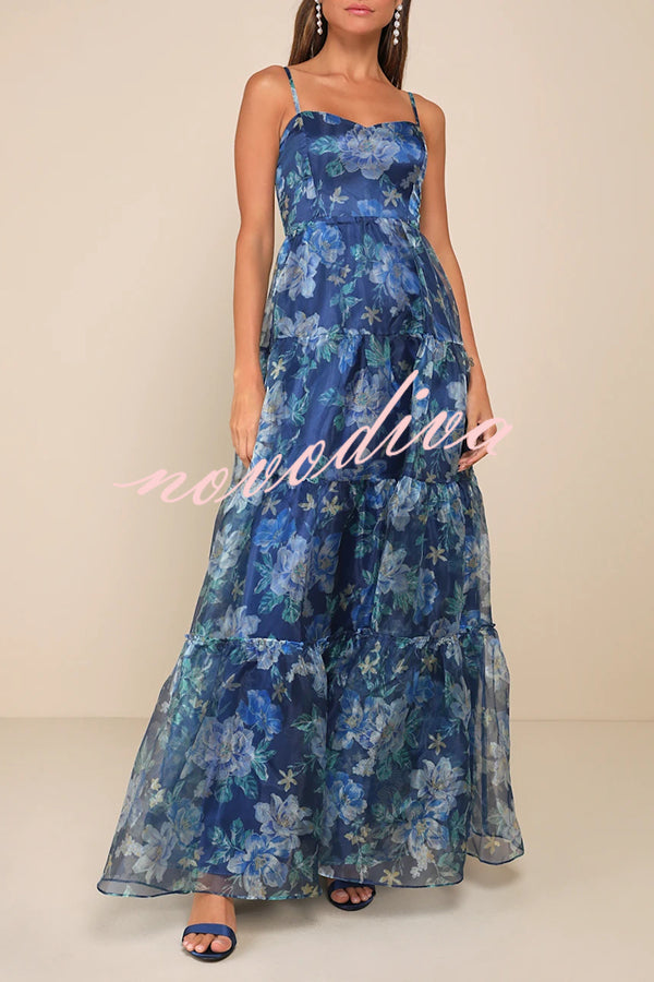 Exclusive Glamour Organza Floral Print Tiered Slip Maxi Dress