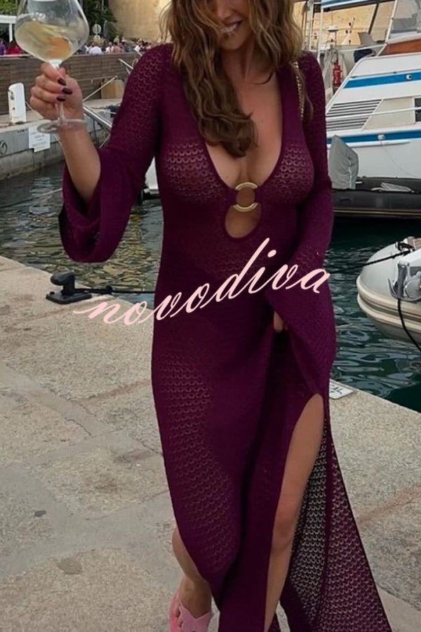 Seaside Goddess Crochet Knit Hollow Out Golden Ring Long Sleeve Cover-up Maxi Dress