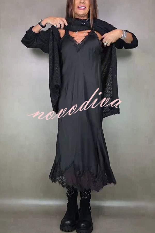 Fashionable V-neck Suspender Lace Splicing Casual Midi Dress