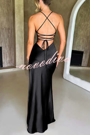 Satin Solid Color Sexy Backless Lace Up High Slit Maxi Dress