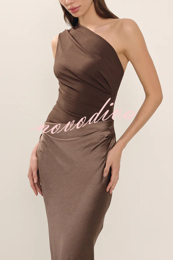 Kaia Satin Contrast Fabric Patchwork One Shoulder Ruched Maxi Dress