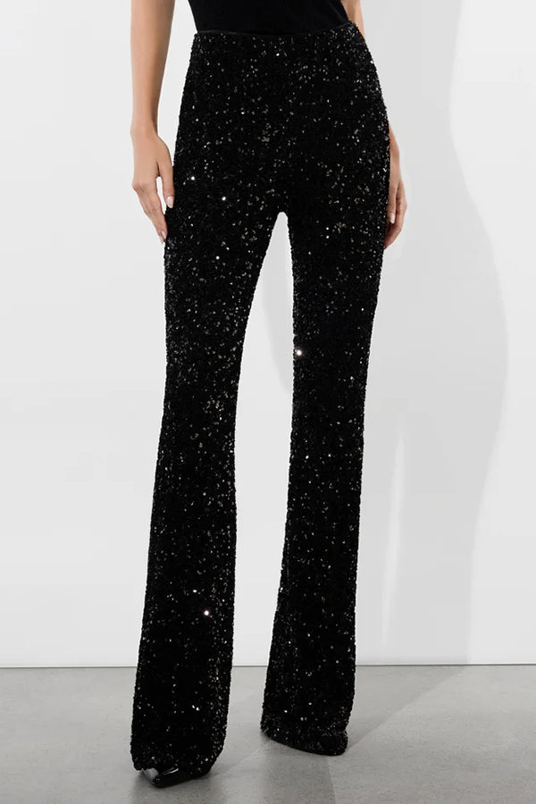 Sparkle Season Sequin High Rise Elastic Waist Stretch Flare Party Pants