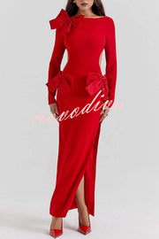 Lovely Bow Cutout Button Back Zipper Long Sleeve Maxi Dress