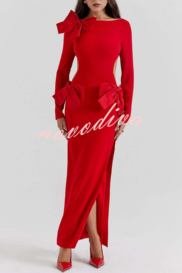 Lovely Bow Cutout Button Back Zipper Long Sleeve Maxi Dress