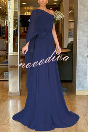 Iriena Chiffon One Shoulder Rose Decoration Waist Formal Maxi Dress