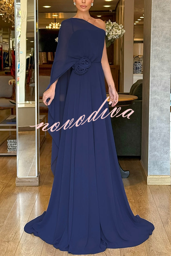 Iriena Chiffon One Shoulder Rose Decoration Waist Formal Maxi Dress
