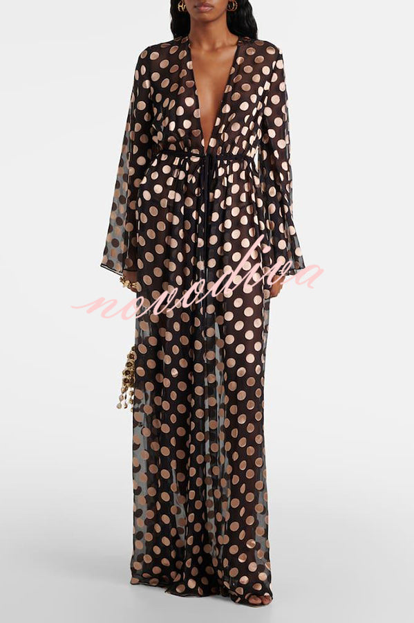 Elevate Beach Style Polka Dot Print Drawstring Waist Cover-up Maxi Dress