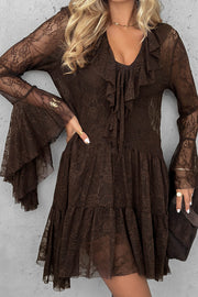 Feeling Lighthearted Lace Ruffle Neck Bell Sleeve Layered Hem A-line Mini Dress