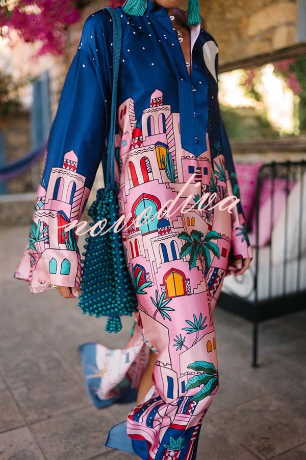 Seaside Stroll Satin Unique Print Button Up Long Sleeve Slit Kaftan Midi Dress