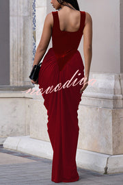 Fashionable Velvet Patchwork Square Neck Sleeveless Draped Maxi Dress
