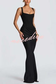 Larrah Square Neck Back Lace-up Satin Drape Hem Maxi Dress