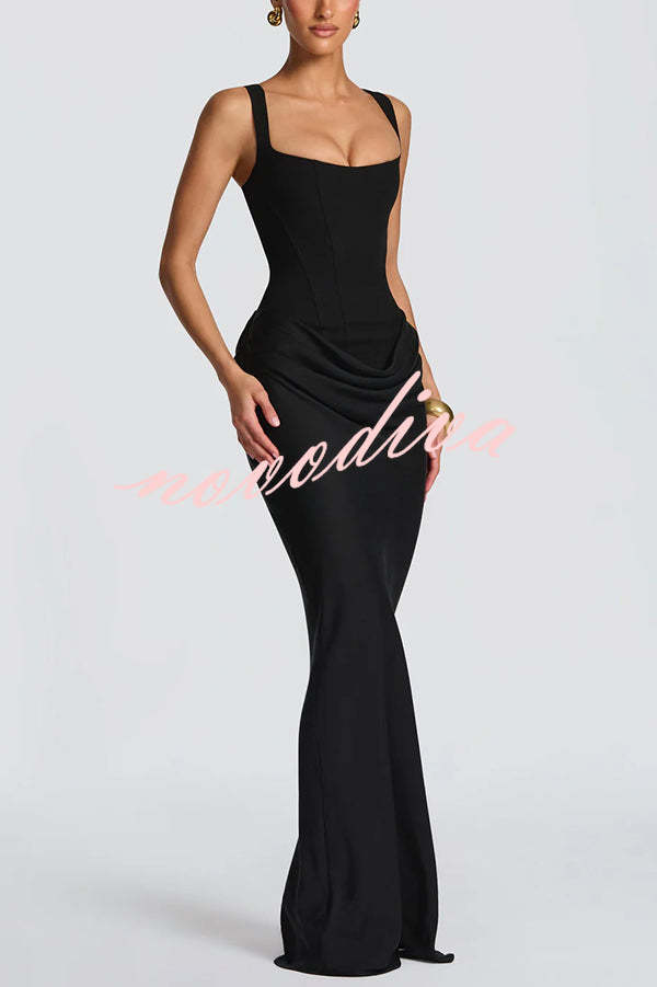 Larrah Square Neck Back Lace-up Satin Drape Hem Maxi Dress