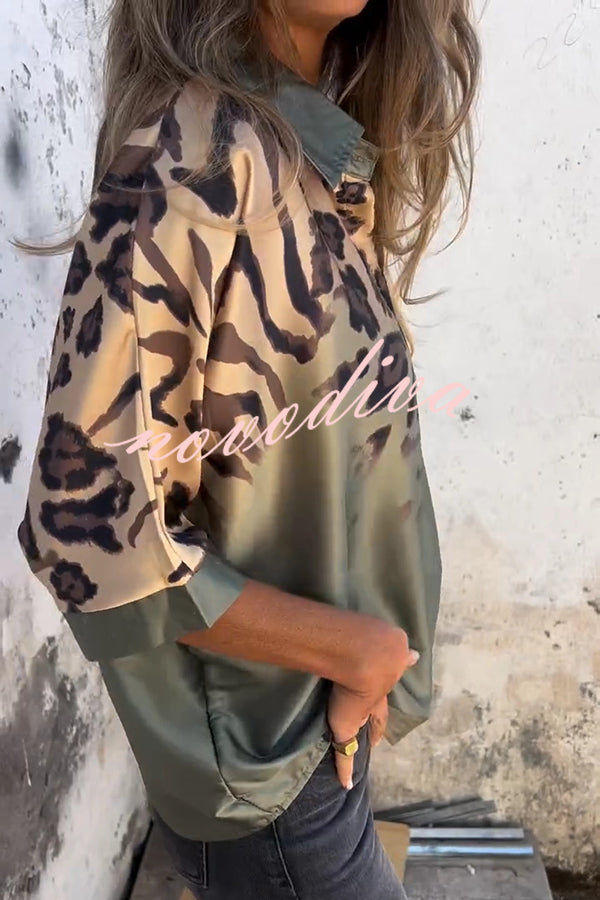 Classic Wild Satin Gradient Leopard Print Loose Short-sleeved Blouse