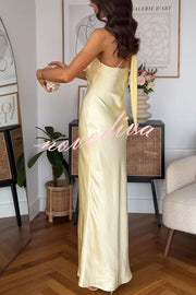 Flowing Elegance Satin One Shoulder Scarf Maxi Dress