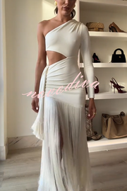 Amazing Type One Shoulder Cutout Drape Tassle Trim Stretch Maxi Dress